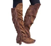 Women Mid Calf Boots Ladies Over The Knee Long Boots Fringe Cowboy Bootie Pointed Toe Chunky Heel Tassel Boots Autumn Winter Casual Shoes Wide Leg Thigh High Boots (Brown, 8)
