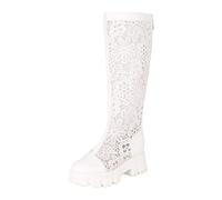 Women Mid Calf Boots Spring and Summer Fashionable Pattern Mesh Boots Comfortable Thick Thick Heel Square Heel Insole Arch (White, 4.5)
