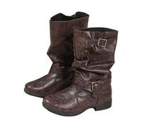 Women Mid Calf Chunky Block Heel Winter Stylish Retro Round Toe Ruched Buckles Short Ankle Boots Classic Roman Shoes Heel For Women Sexy, brown, 4 UK