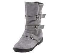 Women Mid-Length Black Suede Boot with Triple Buckle Straps, Flat Sole Round Toe Zipper Color Strap Keep Warm Boots Womens Size 5 (Grey, 7)