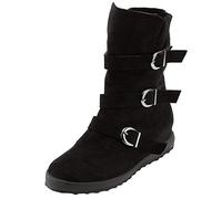 Women Mid-Length Black Suede Boot with Triple Buckle Straps, Flat Sole Round Toe Zipper Color Strap Keep Warm Boots Womens Size 5 (Black, 6)