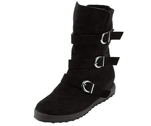 Women Mid-Length Black Suede Boot with Triple Buckle Straps, Flat Sole Round Toe Zipper Color Strap Keep Warm Boots Womens Size 5 (Black, 6)