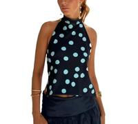 Women Mock Neck Open Back Silk Tank Top Halter Neck Backless Satin Crop Cami Tops Y2K High Neck Summer Dressy Tank, Mock Neck Dot Black, L