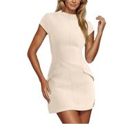 Women Mock Neck Short Sleeve Dresses Elegant Bodycon Party Dresses for Petite Ladies UK Summer Casual Slim-Fit Pencil Mini Dress 2025 Y2K Short Tight Dress My Orders Sale Clearance Beige