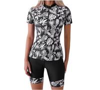 Women Modest Swimwear with Shorts Two Piece Swimsuit Short Sleeve Rash Guard Sets Tummy Control Swimwear Swimming Costume Burkini Hawaiian Leaves Surfing Bathing Suits Ladies UK