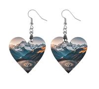 Women Mountain Compass Wooden Earrings Lightweight Dangle Earrings Geometric Drop Earring Vintage Heart-Shaped Retro Daily Wear Jewelry Gift for Wedding Party Graduation
