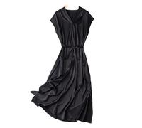 Women Mulberry Silk Dress Elastic Crepe Satin Temperament Classic Black Elegant V-Neck Bag Sleeve Long Silk Dress, Blue, One size