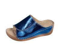 Women Mules Slides Sandals Wedge Heel Shoes Open Toe Slip On Faux Leather Platform Sole Summer Casual Wide Fit Adjustable Strap Indoor for Casual Outings Shopping Trips Daily Wear Summer Walks Blue