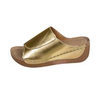 Women Mules Slides Sandals Wedge Heel Shoes Open Toe Slip On Faux Leather Platform Sole Summer Casual Wide Fit Adjustable Strap Indoor for Casual Outings Shopping Trips Daily Wear Summer Walks Gold