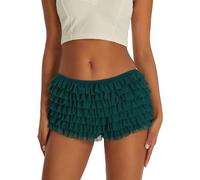 Women Multi-Layer Frill Bloomer Mini Shorts Elastic Low Waist Micro Pattipants Kawaii Lolita Shorts (Dark Green, L)