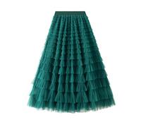 Women Multilayer Ruffles Tulle Tutu Skirt Pleated Elastic Waist A Line Skirt Fairy Mesh Cake Long Skirt (A-Dark Green, ONE Size)