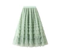 Women Multilayer Ruffles Tulle Tutu Skirt Pleated Elastic Waist Flared A Line Skirt Fairy Cake Long Skirt (A-Light Green, ONE Size)