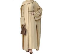 Women Muslim Abaya Dresses Prayer Cardigan Robe Contrasting Edges Islamic Dubai Open Front Abaya, Beige No Hijab, XL
