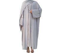 Women Muslim Abaya Dresses Prayer Cardigan Robe Contrasting Edges Islamic Dubai Open Front Abaya, Light Gray, XL