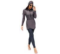 Women Muslim Burkini Swimsuit 4 PCS Solid Modest Swimwear Full Cover Islamic Swimming Costume Long Sleeve Bodysuit Swim Top with Pants Hijab Apron Tankini Set Summer Beachwear Dark Grey S