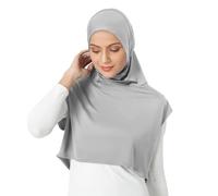 Women Muslim Instant Hijab with Fake Collar Extension Solid Color Stretchable Abaya Turban Half Tops Neck Chest Cover Islamic Prayer Head Scarf Ready to Wear (Light Grey)