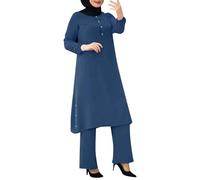 Women Muslim Suit Two-Piece Full Sleeve Top Wide Leg Pants Set Abaya Loose Fit Button Down Shirt Dress Dubai Outfit Turkey Islamic Prayer Set Islamic Robe Abaya Traditional Clothes (Y1-Blue, L)