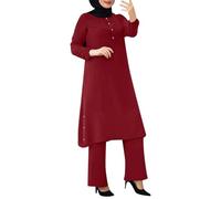 Women Muslim Suit Two-Piece Full Sleeve Top Wide Leg Pants Set Abaya Loose Fit Button Down Shirt Dress Dubai Outfit Turkey Islamic Prayer Set Islamic Robe Abaya Traditional Clothes (XXL)