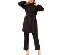 Women Muslim Suit Two-Piece Full Sleeve Top Wide Leg Pants Set Abaya Loose Fit Button Down Shirt Dress Dubai Outfit Turkey Islamic Prayer Set Islamic Robe Abaya Traditional Clothes (42-Black, XXL)