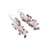 Women Natural Rose Quartz and Amethyst Beaded Tassel Earrings with Hook Handmade Chakra Gemstone Dangle Drop Earrings Boho Crystal Jewelry Gift for Women
