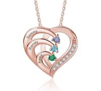 Women Necklace Personalised with Names Birthstones 925 Sterling Silver Custom Necklace Rosegold/Gold Engraved Gift for Christmas Mother's Day Birthday (Rose-3 name)