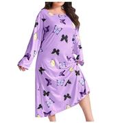 Women Nightdress Butterfly Print Long Sleeve Pyjamas Plus Size Maxi Dress Ladies Casual Loose Fit Sleepwear Soft Comfy Long Dresses Cute Pajama
