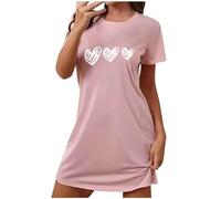 Women Nighties Short Sleeve Oversized Women Nightdress Midi Women Nightwear Crewneck Nightshirts for Women Heart Print Womens Nightie Pink