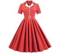 Women Notch Lapel Vintage V-Neck Cocktail Swing Dress 50s 60s Button up 1950s Rockabilly Prom Midi Evening Dress with Pockets, Red-check, Large