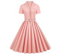 Women Notch Lapel Vintage V-Neck Cocktail Swing Dress 50s 60s Button up 1950s Rockabilly Prom Midi Evening Dress with Pockets, Pink-belt, Small