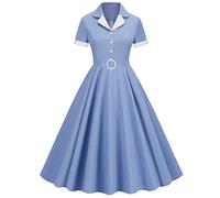 Women Notch Lapel Vintage V-Neck Cocktail Swing Dress 50s 60s Button up 1950s Rockabilly Prom Midi Evening Dress with Pockets, Light Blue-collared, L