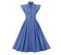 Women Notch Lapel Vintage V-Neck Cocktail Swing Dress 50s 60s Button up 1950s Rockabilly Prom Midi Evening Dress with Pockets, Blue-cap, L