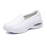 Women Nurse Shoes Leather Work Wide Fit Comfy Air Cushion Breathable Walking Shoes Buffer Wipeable Nonslip Hospital Flat Shoes (Color : White, Size : 5 UK)