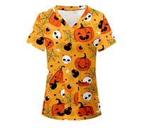 Women Nurses Scrub Top Short Sleeve Scrub Shirt Casual V-Neck Halloween Pumpkin Print Working Uniform Blouse Scrubs Tunic Health Care Hospital Medical Uniform Workwear Doctor Nurse Regular Fit Top