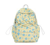 Women Nylon Floral Print Backpack with Pendant Sweet Bow Student School Bag Multi-Pockets Large Capacity Lightweight Preppy Knapsack Outdoor Travel Trip Backpacks (Yellow) (黄色 360 * 270 * 130)
