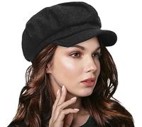 Women Octagonal Newsboy Cap Vintage Wool Cabbie Beret Hats with Visor (Black)