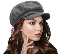 Women Octagonal Newsboy Cap Vintage Wool Cabbie Beret Hats with Visor (Grey)