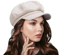 Women Octagonal Newsboy Cap Vintage Wool Cabbie Beret Hats with Visor (Khaki)