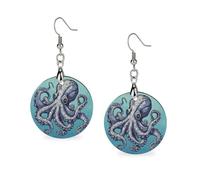 Women Octopus Design Wooden Earrings Lightweight Dangle Earrings Geometric Drop Earring Vintage Round Retro Daily Wear Jewelry Gift for Wedding Party Graduation