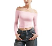 Women Off Shoulder Double Lined Long Sleeve Shirts Basic Going Out Tops(Pink,S)