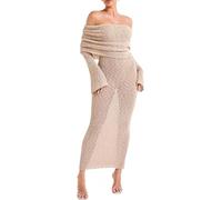 Women Off Shoulder Maxi Dress - Spring Sexy Knit Crochet Beach Cover Up, Long Sleeve Mesh Bodycon Wrap Dresses, Flowy Bell Sleeve Boho Outfit for Vacation Party Wedding Guest (Khaki,L)