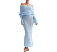 Women Off Shoulder Maxi Dress - Spring Sexy Knit Crochet Beach Cover Up, Long Sleeve Mesh Bodycon Wrap Dresses, Flowy Bell Sleeve Boho Outfit for Vacation Party Wedding Guest (Blue,S)