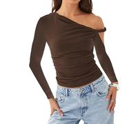 Women Off Shoulder Ruched Long Sleeve Slim Fit with Cutout Design Tops-Casual Sexy Y2K Asymmetrical Bodycon Tee Shirts Fall Going Out Streetwear (Brown,S)