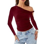 Women Off Shoulder Ruched Long Sleeve Slim Fit with Cutout Design Tops-Casual Sexy Y2K Asymmetrical Bodycon Tee Shirts Fall Going Out Streetwear (Wine Red,S)