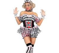 Women Off Shoulder Shorts Deadly Darling Clown Jumpsuit+Sleeves+Collar+Hat+Stockings 5 Pcs Halloween Circus Clowns Cosplay Set (black A, S)