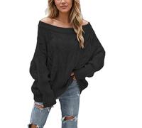 Women Off Shoulder Sweater Knit Pullovers Chunky Cable Knit Oversized Neck Sweaters Long Batwing Sleeve Loose Pullover (Black,XL)
