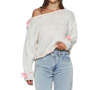 Women Off Shoulder Sweater Long Sleeve Drawstring Bow Trim Loose Fit Knit Jumper Ribbon Lace Up Cable Knitted Pulover (White A, M)