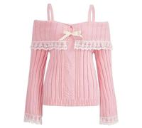 Women Off Shoulder Sweater Top Y2K Aesthetic Long Sleeve Lace Trim Knit Pullover Sweater Cutecore Kawaii Clothes, Off Shoulder Pink, L