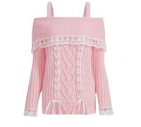 Women Off Shoulder Sweater Top Y2K Aesthetic Long Sleeve Lace Trim Knit Pullover Sweater Cutecore Kawaii Clothes, Lace Up Pk, XL