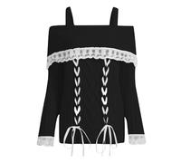 Women Off Shoulder Sweater Top Y2K Aesthetic Long Sleeve Lace Trim Knit Pullover Sweater Cutecore Kawaii Clothes, Lace Up Midnight, XL