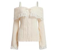 Women Off Shoulder Sweater Top Y2K Aesthetic Long Sleeve Lace Trim Knit Pullover Sweater Cutecore Kawaii Clothes, Off Shoulder Beige, L